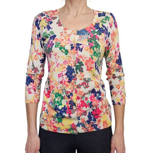 Talbots Floral Print Cotton Cardigan 3/4 Sleeve S
